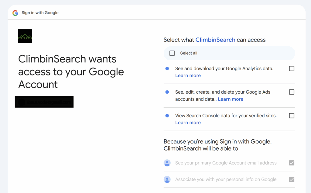 Connect Google User: check the which platforms ClimbinSearch should have access to