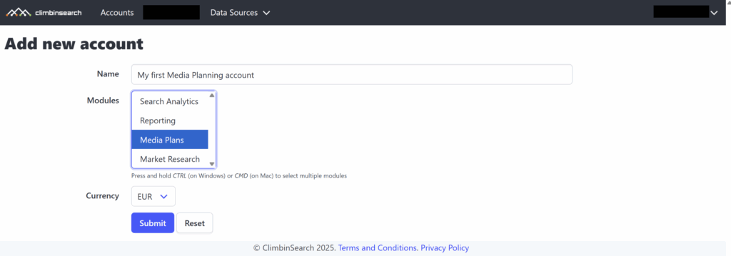 Create a Media Plans account