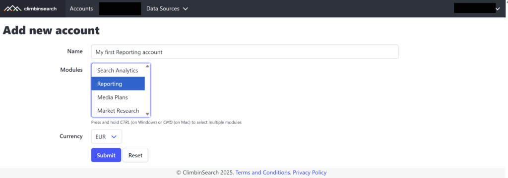Create a Reporting account
