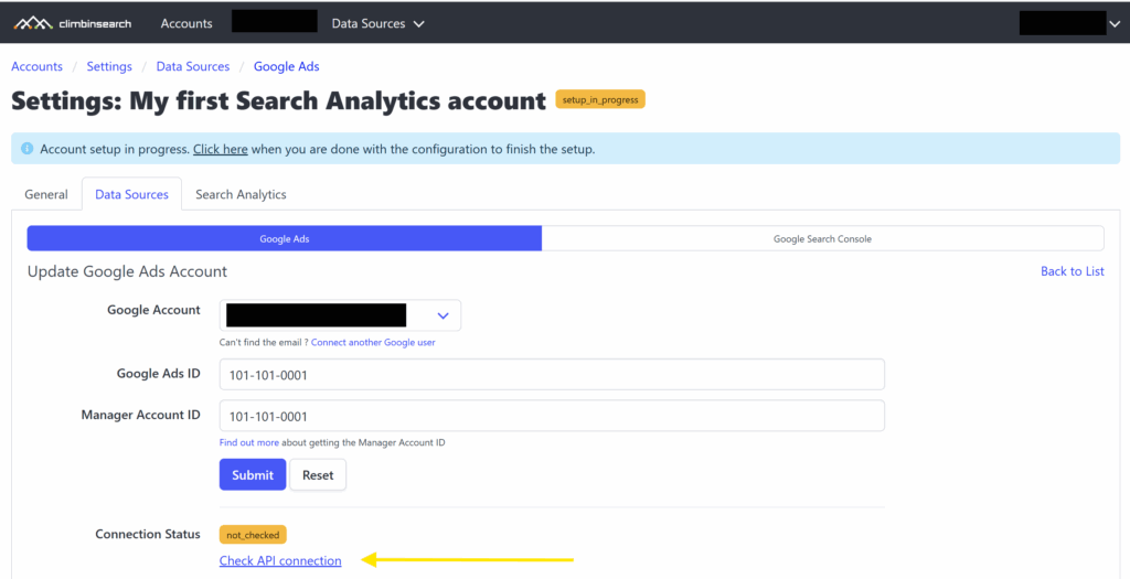 Define a Google Ads account