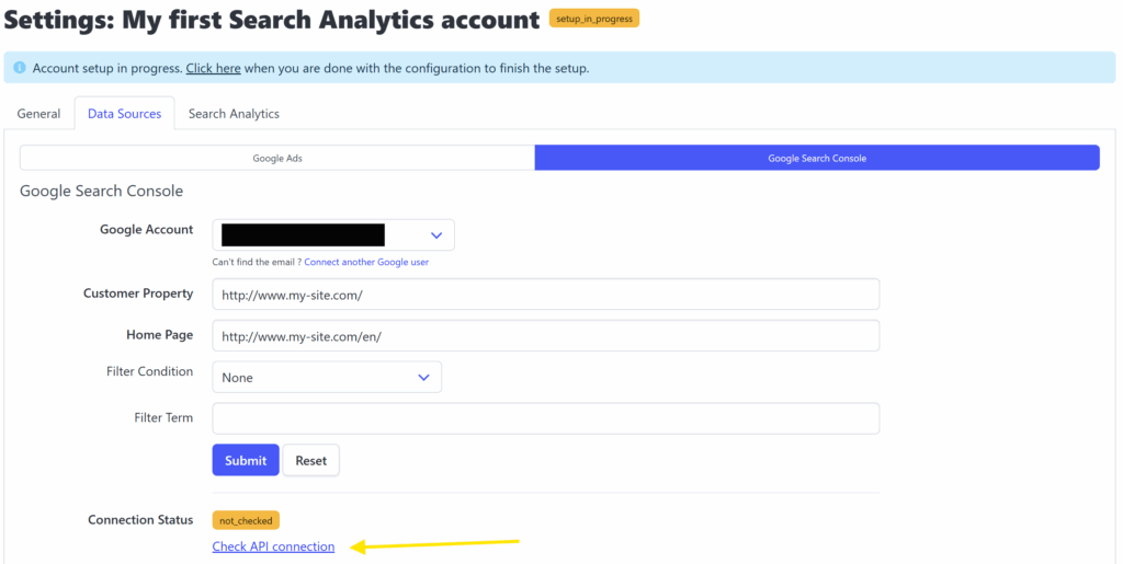 Define a Google Search Console account
