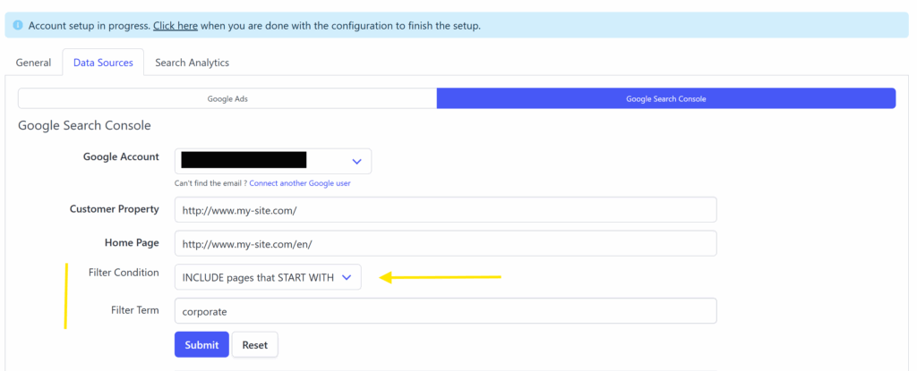 Search Console data filtering by page