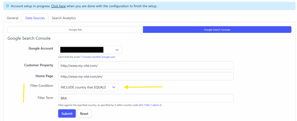 Search Console data filtering by country